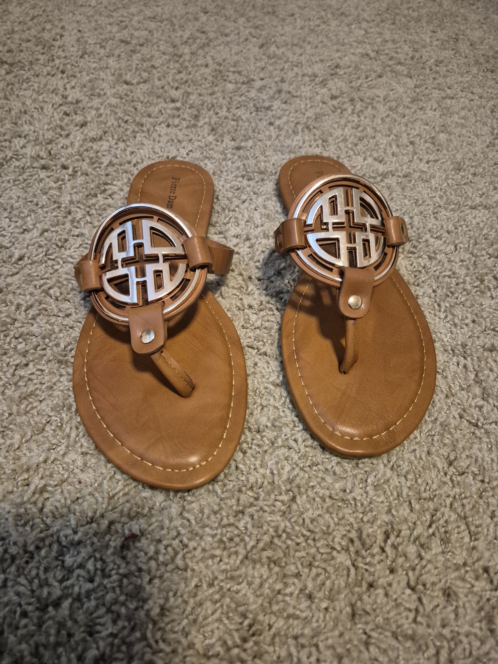 Pierre Dumas Brown Tan Leather Circle Medallion Thong Sandals
